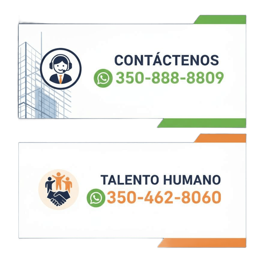 Dos tarjetas de contacto, la primera con un icono de atención telefónica y la segunda con un icono de colaboración humana, ambas con números de WhatsApp, en colores verde y naranja.