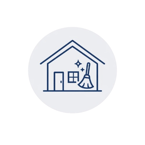 Dibujo de una casa con una escoba y brillo, representando limpieza o limpieza del hogar.