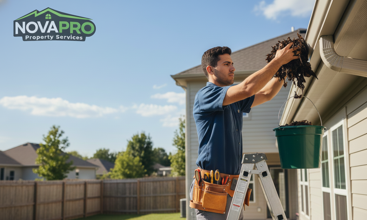 A man standing on a ladder cleaning the gutters of a house with a sponge, wearing a tool belt, in a suburban neighborhood on a sunny day.