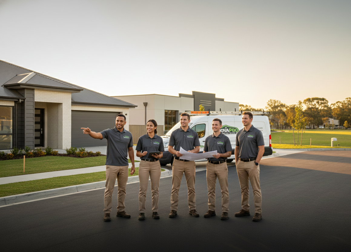 Five construction or real estate workers standing on a newly paved street in front of a residential neighborhood, engaged in a discussion during sunset, with a service van in the background.
