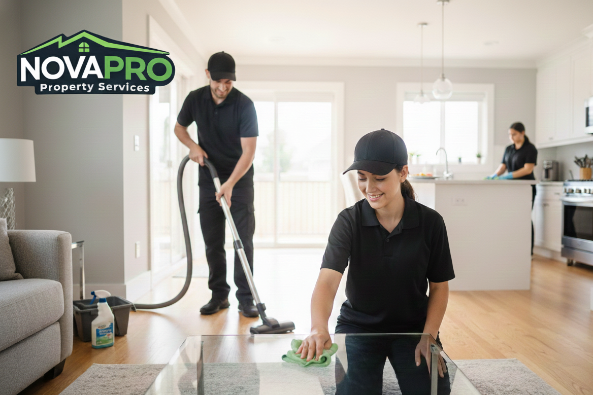 Cleaning team in a bright, modern kitchen with sunlight, vacuuming and wiping a glass table, with NovaPro Property Services logo in the top left corner.