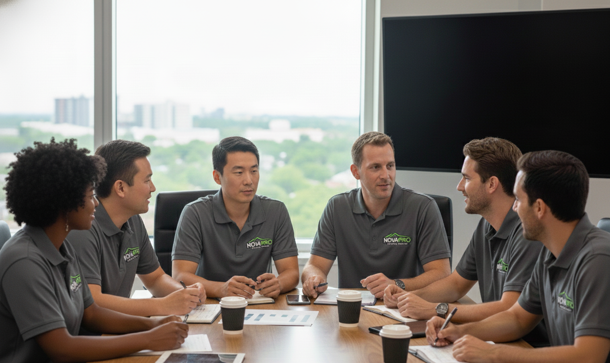 Group of six diverse professionals sitting at a conference table in a modern office, engaged in a discussion, with large windows and a cityscape view in the background, and notes and coffee cups on the table.