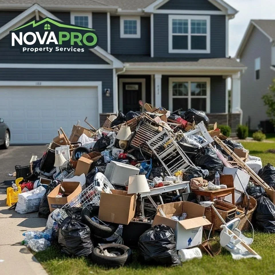 A large pile of trash and discarded household items on a driveway in front of a two-story blue house.