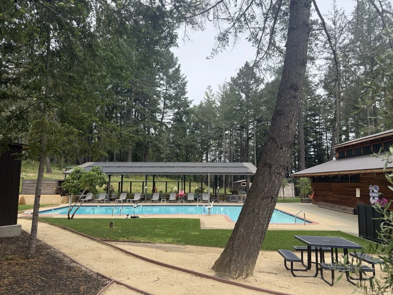 The pool at Enchanted Hills. In addition to free time to swim, several social events at Camp Coffee Shop are scheduled for the pool area including a Tiki Bar! 