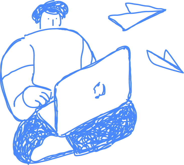 Dessin d'un homme ayant son ordinateur sur les genoux en train d'envoyer un mail