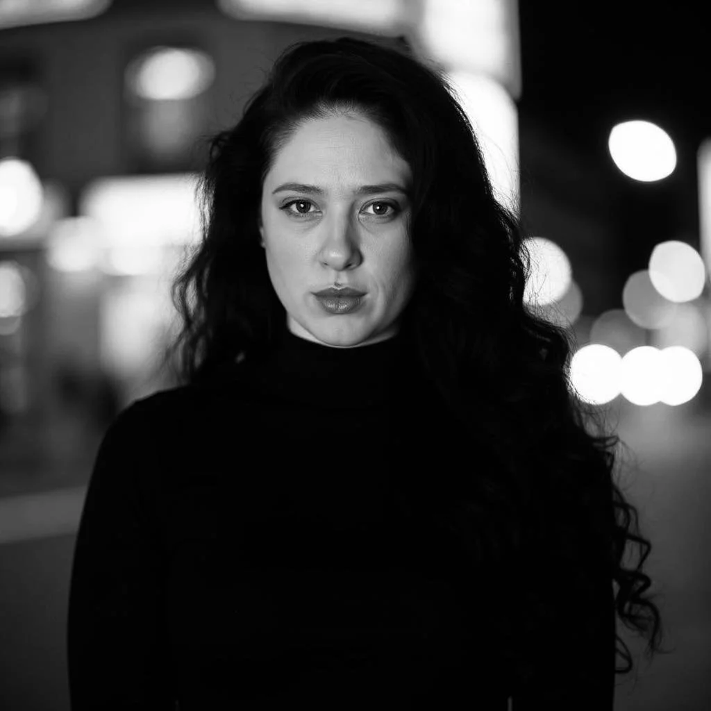 A black-and-white portrait of Kellie Blondel with long, dark, curly hair and a serious expression, standing outdoors at night with blurred city lights in the background.