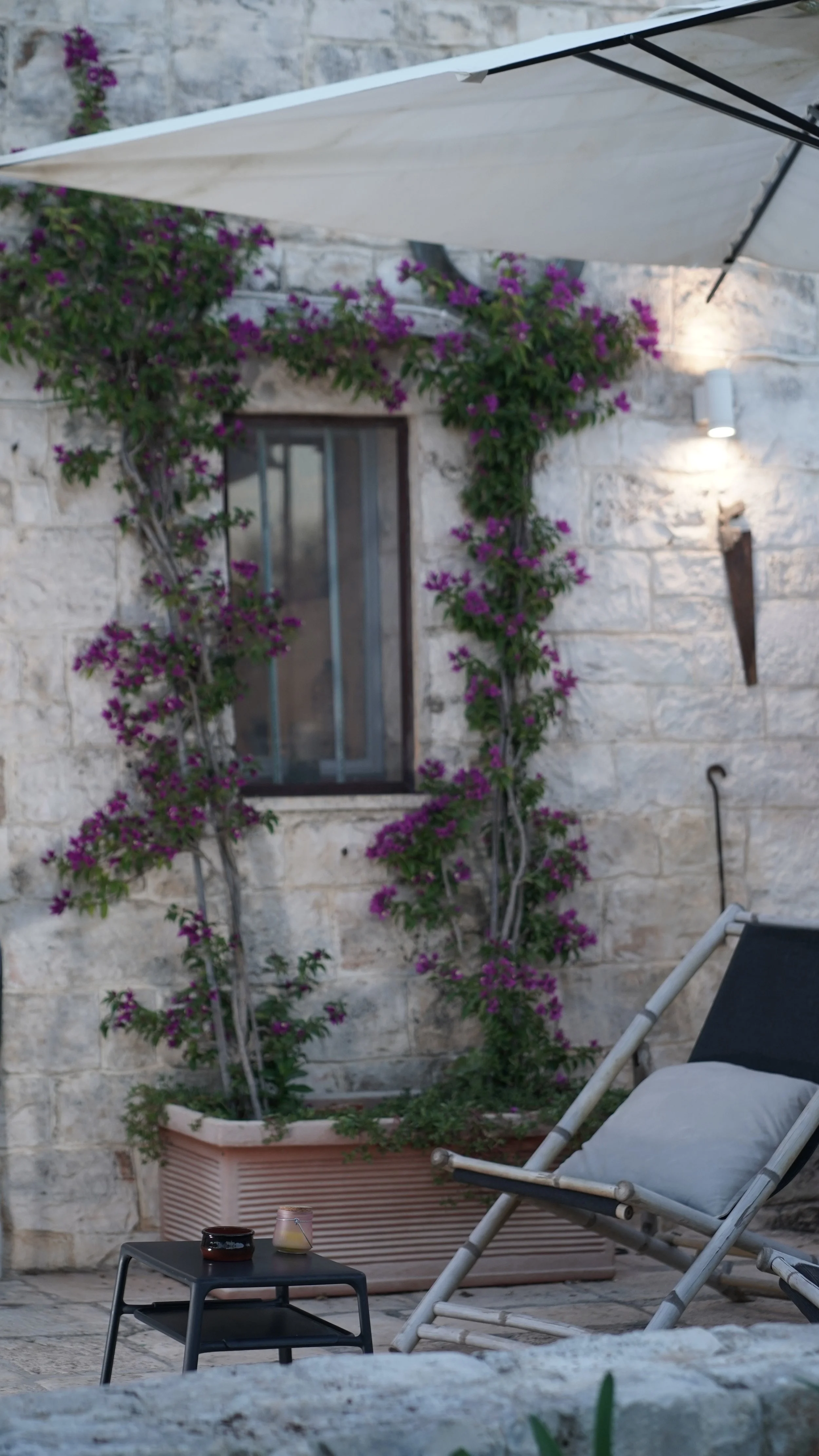 Una scena di un cortile con una sedia a sdraio con cuscino, un tavolino con due oggetti, una parete di pietra con una finestra e uccelli di bougainvillea con fiori viola e foglie verdi, e un grande ombrellone bianco.