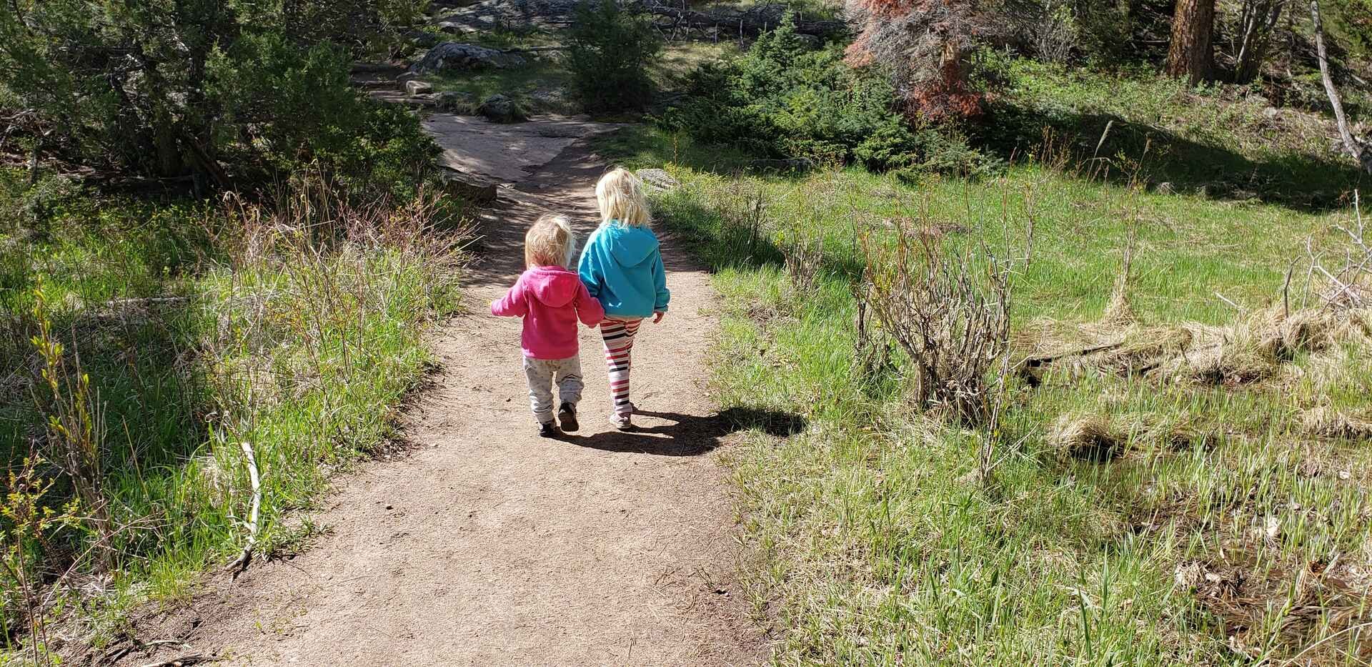 Two children walking hand-in-hand on a wooded trail, symbolizing connection and parenting support.