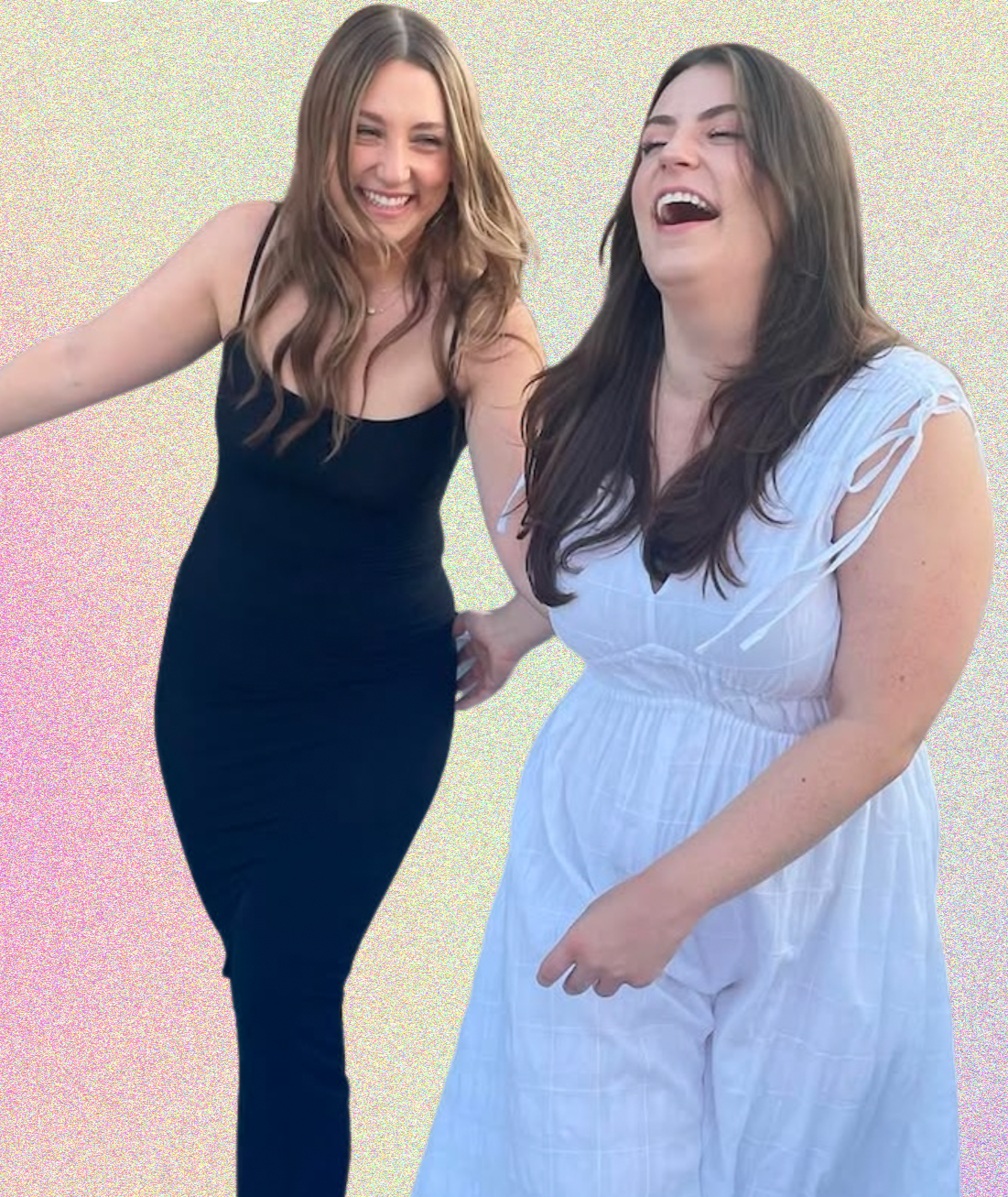 Two women laughing and smiling, one wearing a black dress and the other wearing a white dress, against a neutral background.