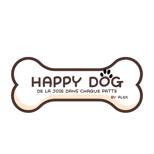 Une signalétique en forme d'os avec le texte "Happy Dog" à l'intérieur, indiquant probablement un magasin ou un produit pour chiens.