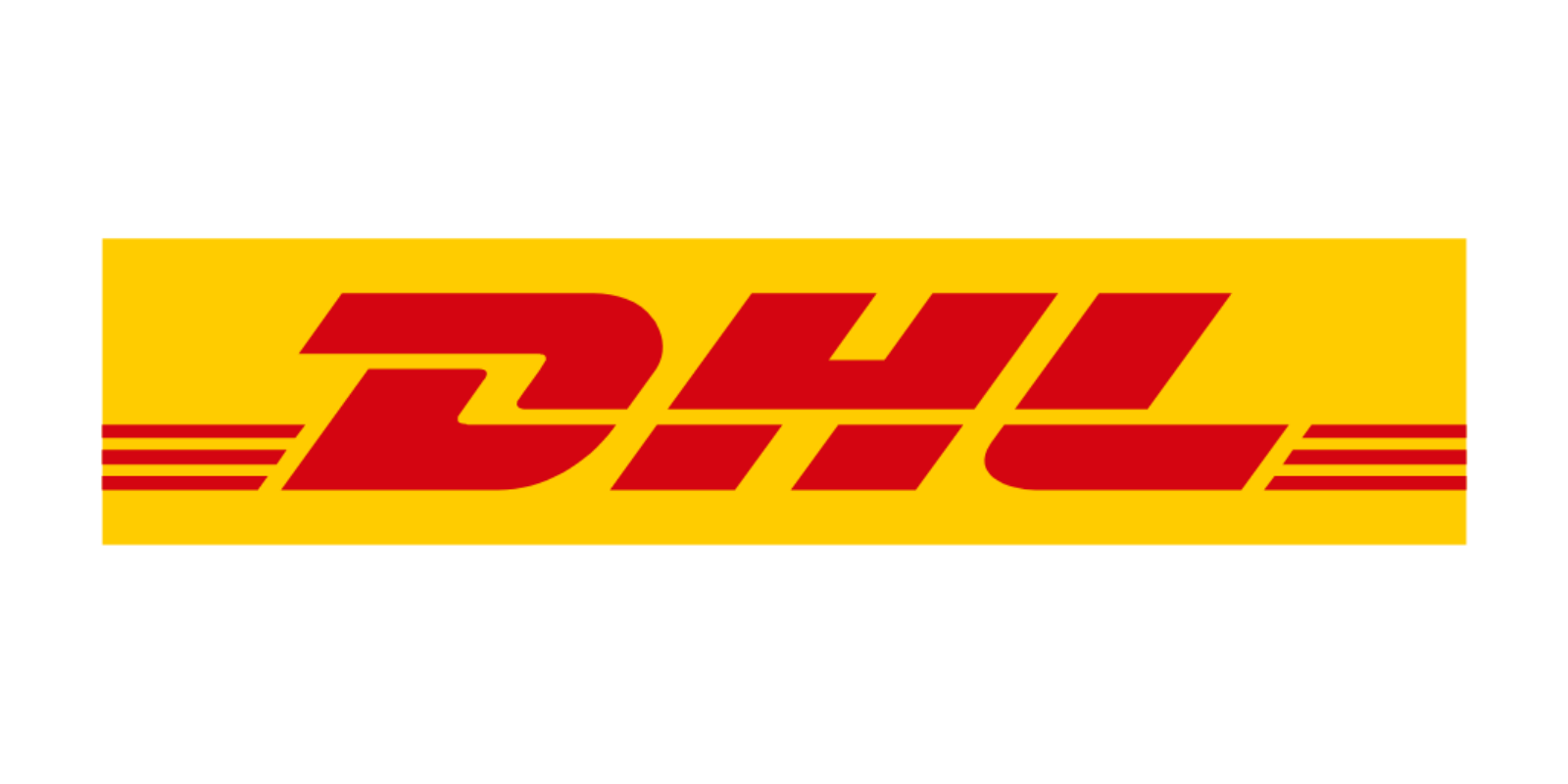DHL logo with red letters on a yellow background with red lines.