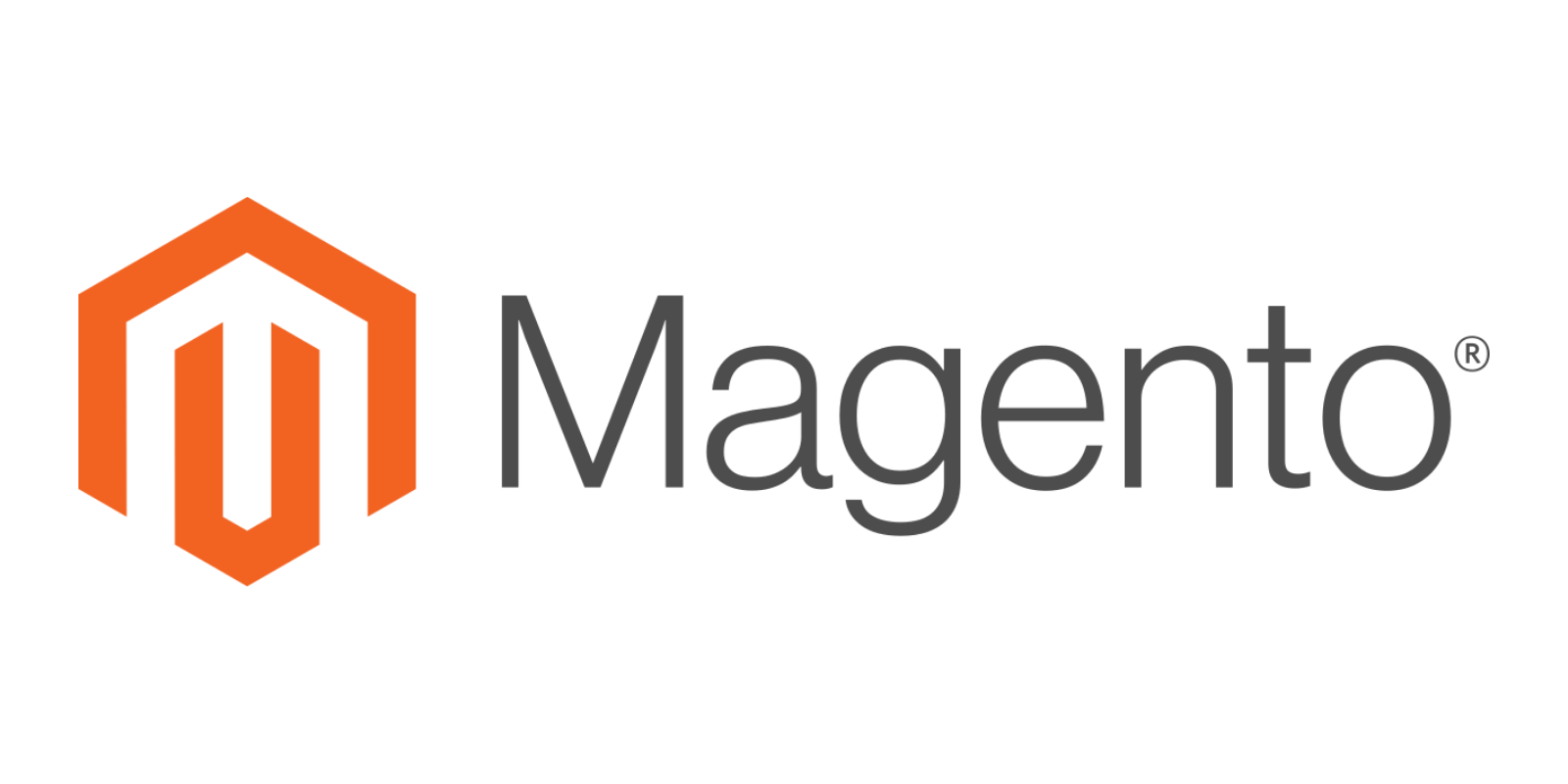 Magento logo featuring an orange hexagon with a stylized 'M' inside and the word 'Magento' in black.