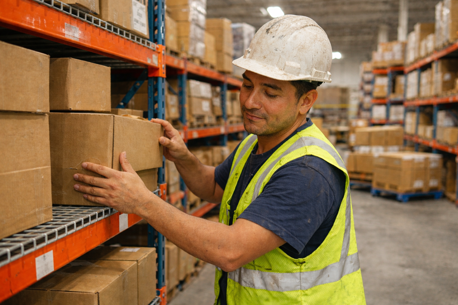 A warehouse worker in a white safety helmet and yellow high-visibility vest organizing boxes on warehouse shelves.
