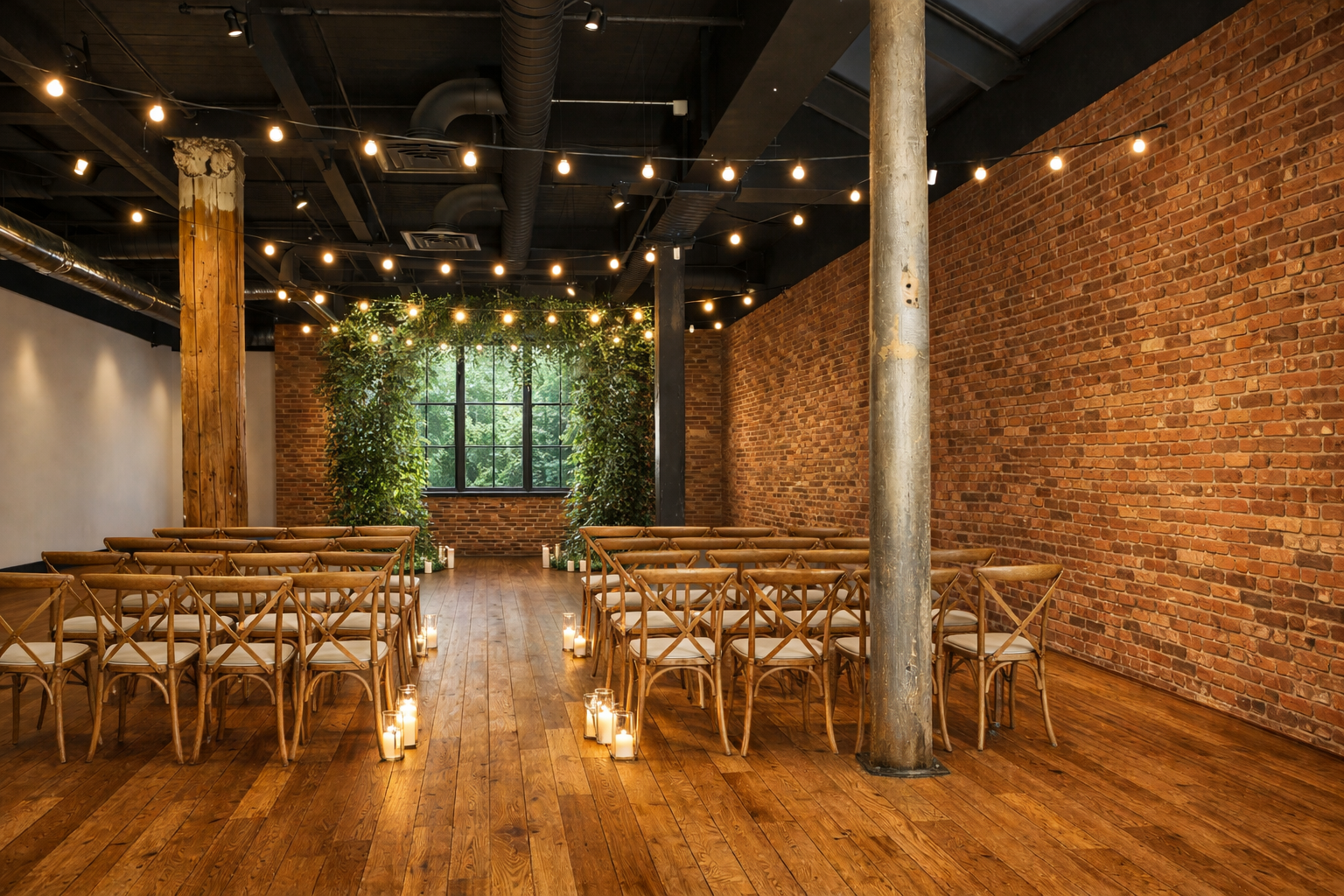 Wedding ceremony setup in a rustic indoor space with brick walls, wooden floors, string lights, and chairs arranged in rows.