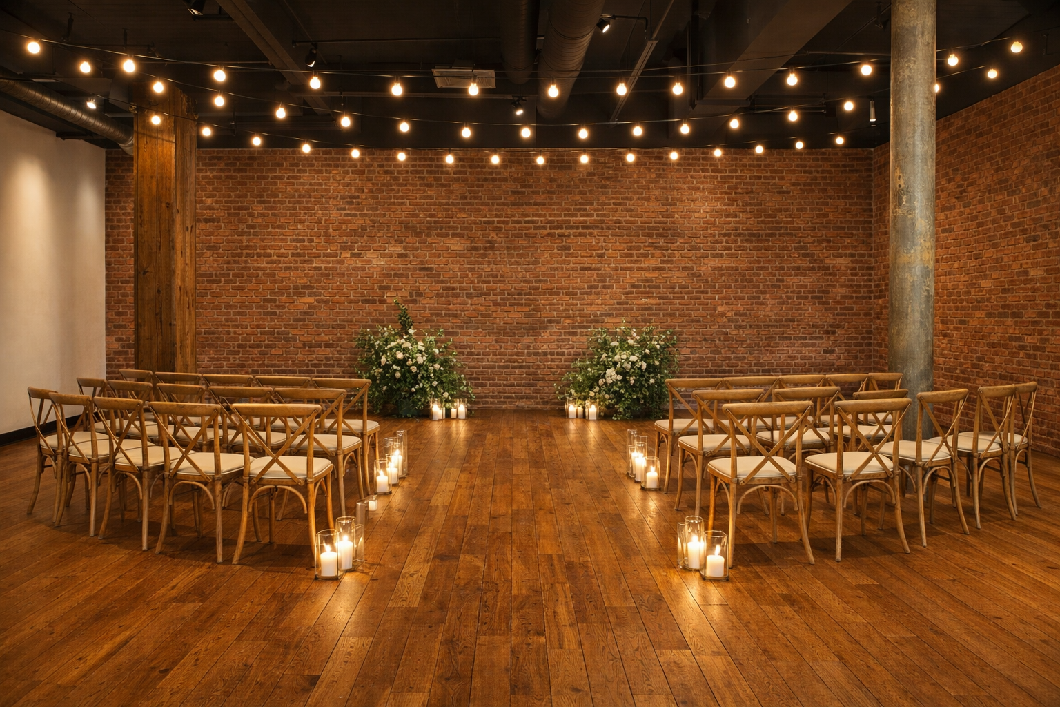 An indoor wedding ceremony setup with wooden chairs arranged in two rows on wooden floors, facing a brick wall with floral arrangements and candles, under string lights hanging from the ceiling.