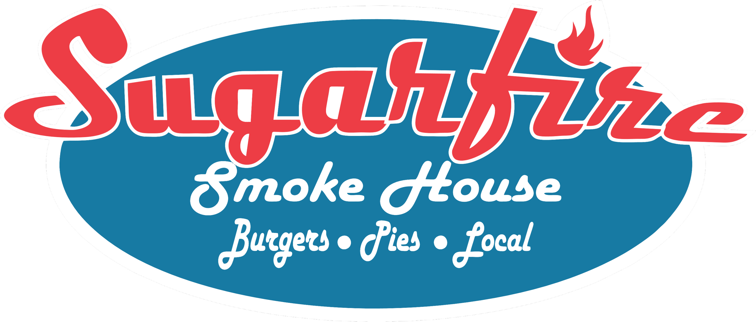 Logo for Sugarfire Smoke House featuring red stylized text with a flame icon, blue oval background, and white text indicating menu items like burgers, pies, and local cuisine.