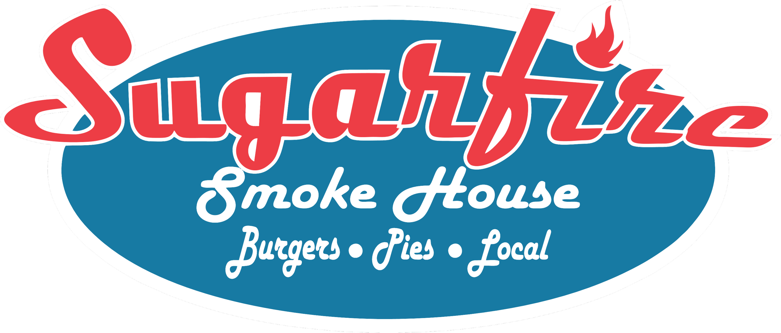 Logo for Sugarfire Smoke House featuring text with a fat red script font for 'Sugartastic' and a white script font for 'Smoke House,' with a small flame icon at the top right of the text, and additional text in white reading 'Burgers Pies Local' agai