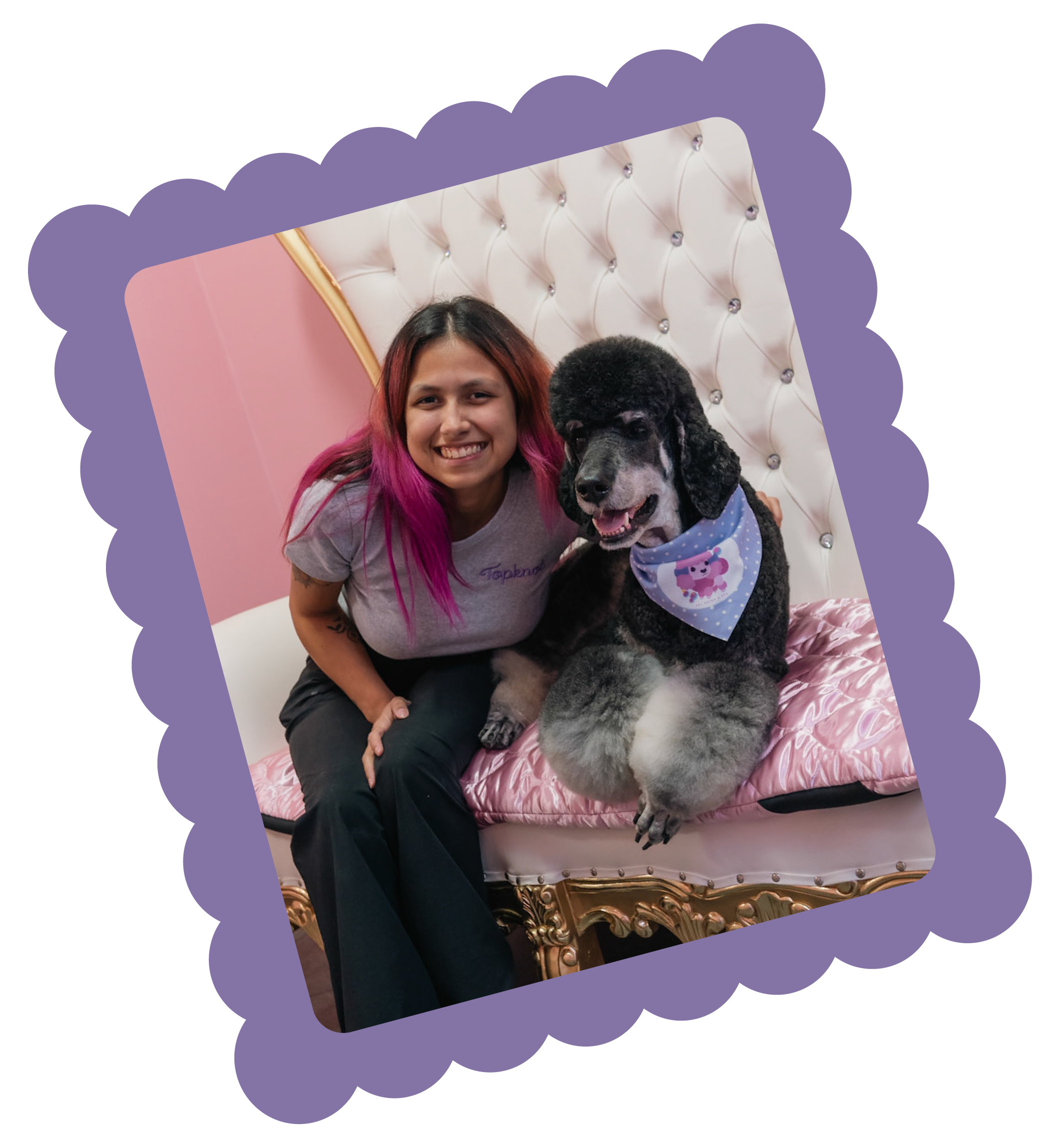 Alisa, owner of Topknot Pet Salon & Spa, posing with a freshly groomed poodle client in Los Angeles, California
