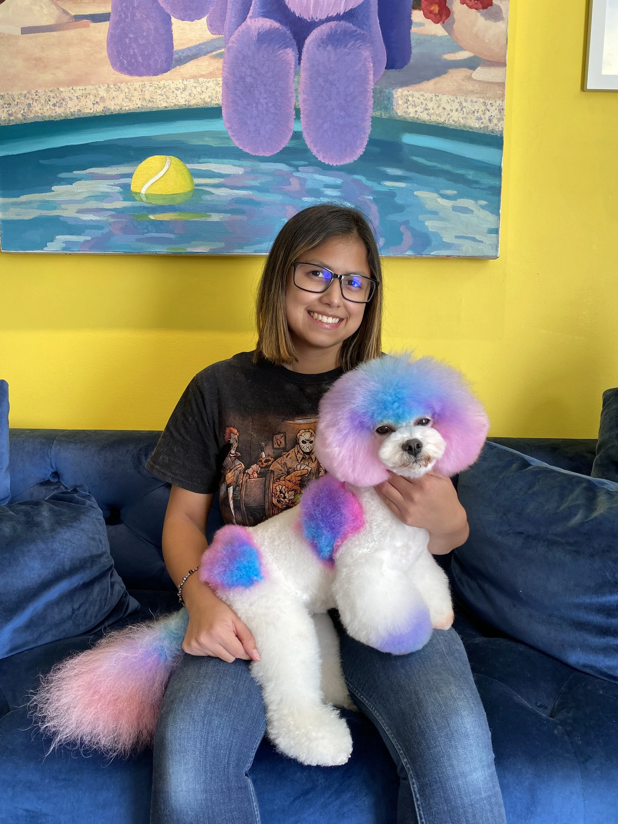 A woman wearing glasses and a black T-shirt sitting on a blue sofa, holding a poodle with rainbow-colored fur and fluffy tail, in front of a yellow wall with a colorful painting