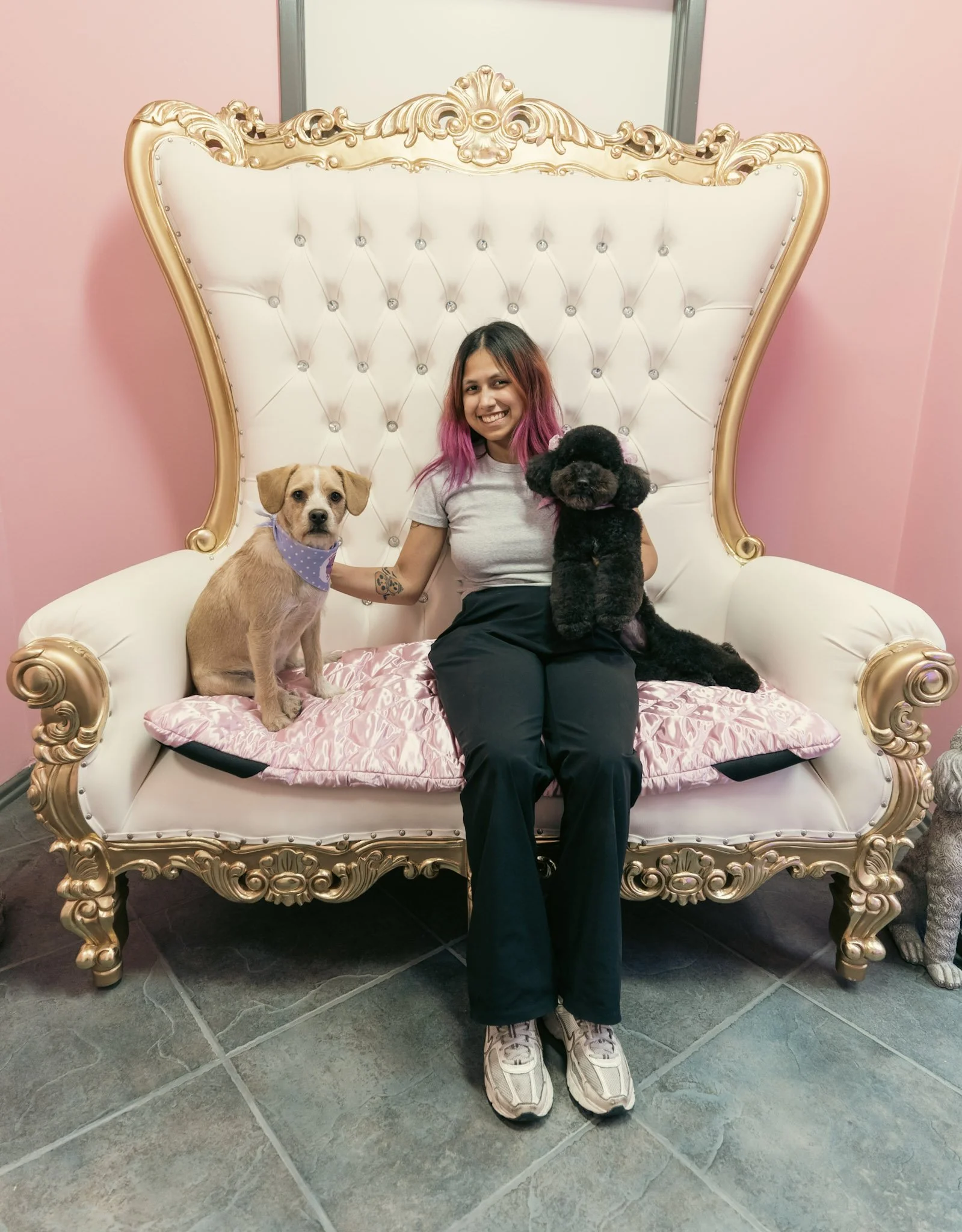 A woman with pink hair sitting on a white and gold ornate couch, holding two dogs, one black and one tan. The couch is against a pink wall, and the woman is smiling winking at the camera at Topknot Pet Salon & Spa in Los Angeles, California