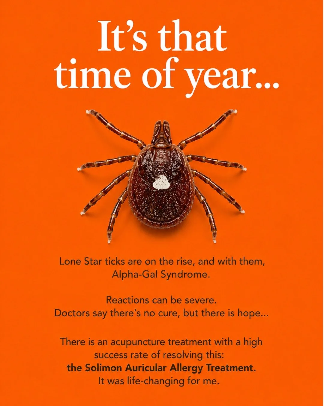 Happy tick season 😩

The Lone Star tick is becoming more prevalent, which means more and more people are dealing with its wrath: Alpha-Gal Syndrome.

This means allergies to mammal meat and mammal byproducts: beef, pork, milk, yogurt, cheese, butter