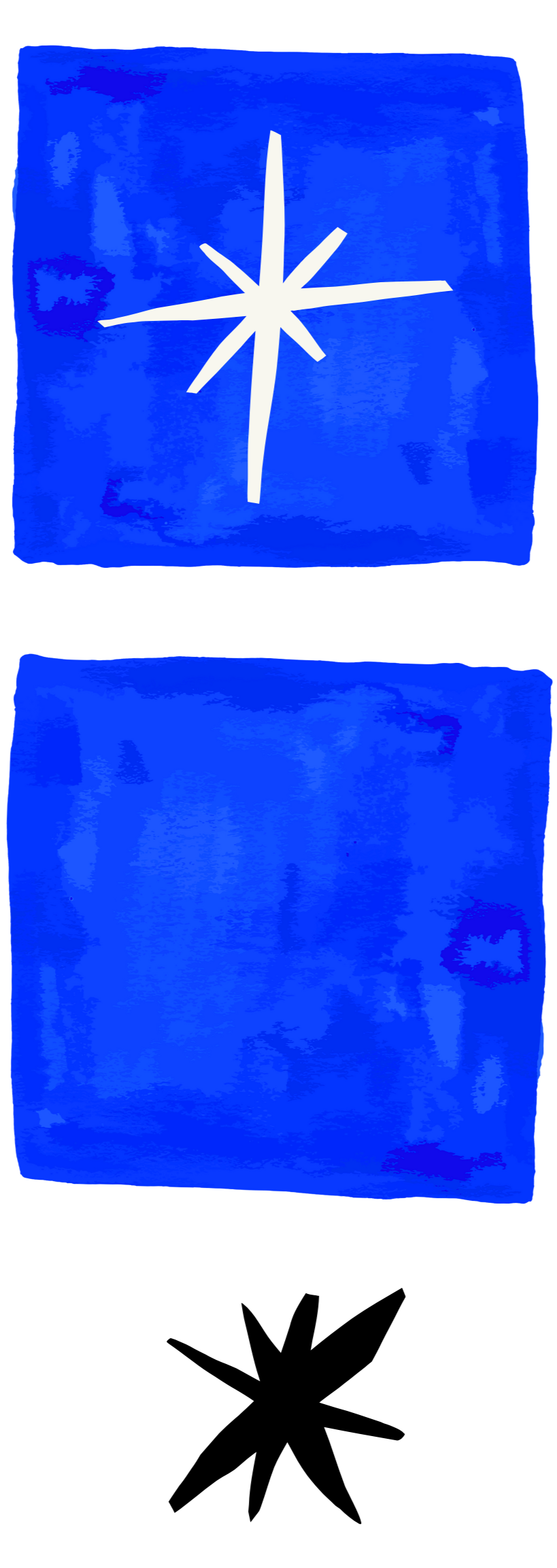 A vertical side banner of three images. The top image is a cobalt blue watercolor block with a white starburst symbol in the center. The image below is a solid blue watercolor square. The final image at the bottom is a black irregular asterisk.