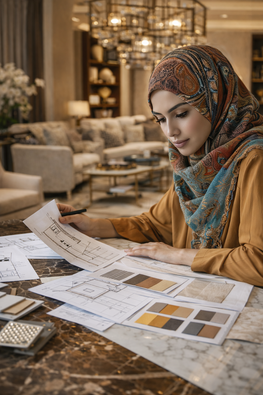 A woman wearing a colorful headscarf and camel-colored top reviewing architectural plans and fabric samples at a marble table in a well-lit living room.