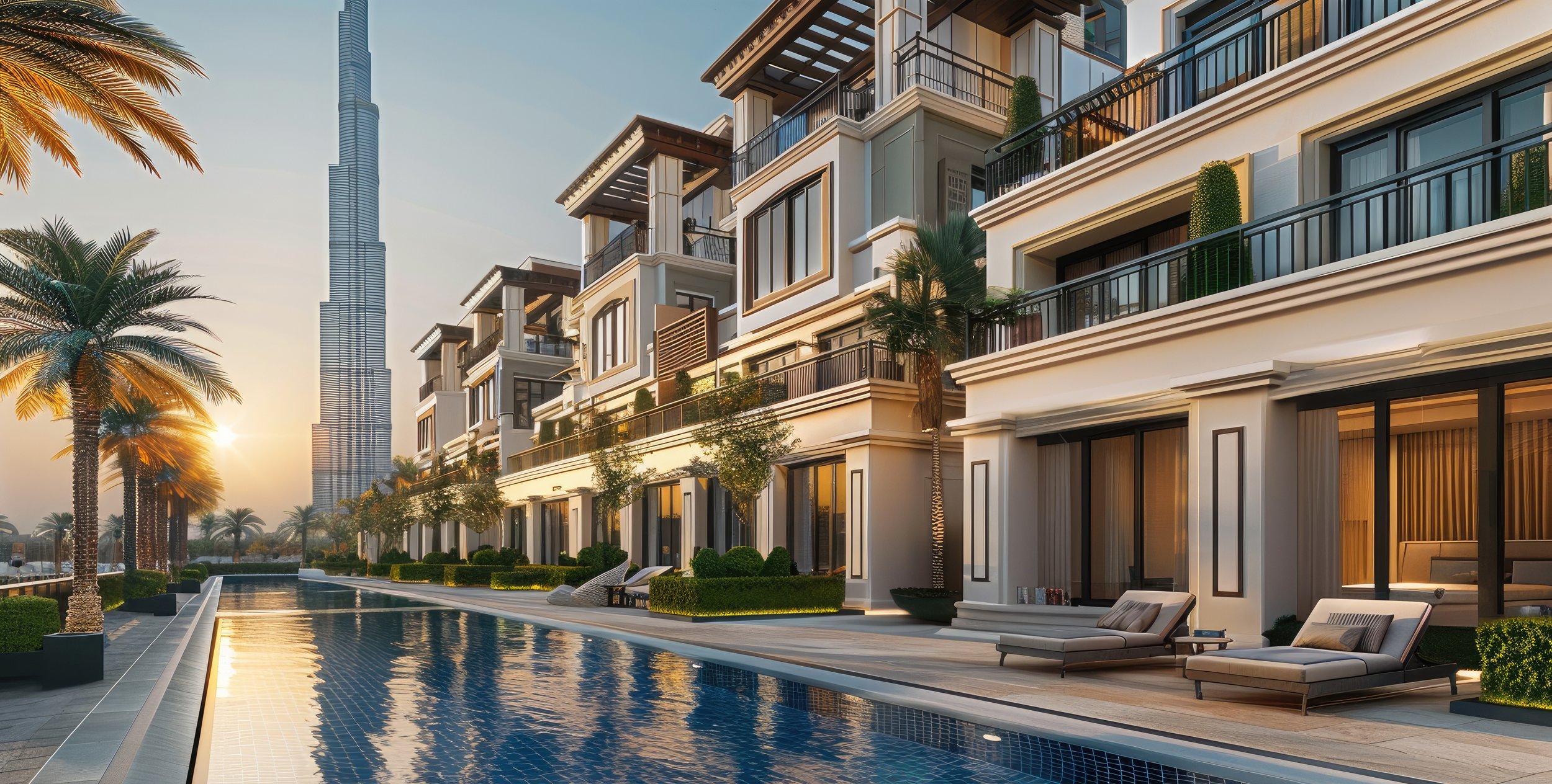 Luxury modern apartment building with large balconies, glass doors, and a swimming pool area with lounge chairs, palm trees, and manicured bushes, with the Dubai skyline and Burj Khalifa in the background during sunset.