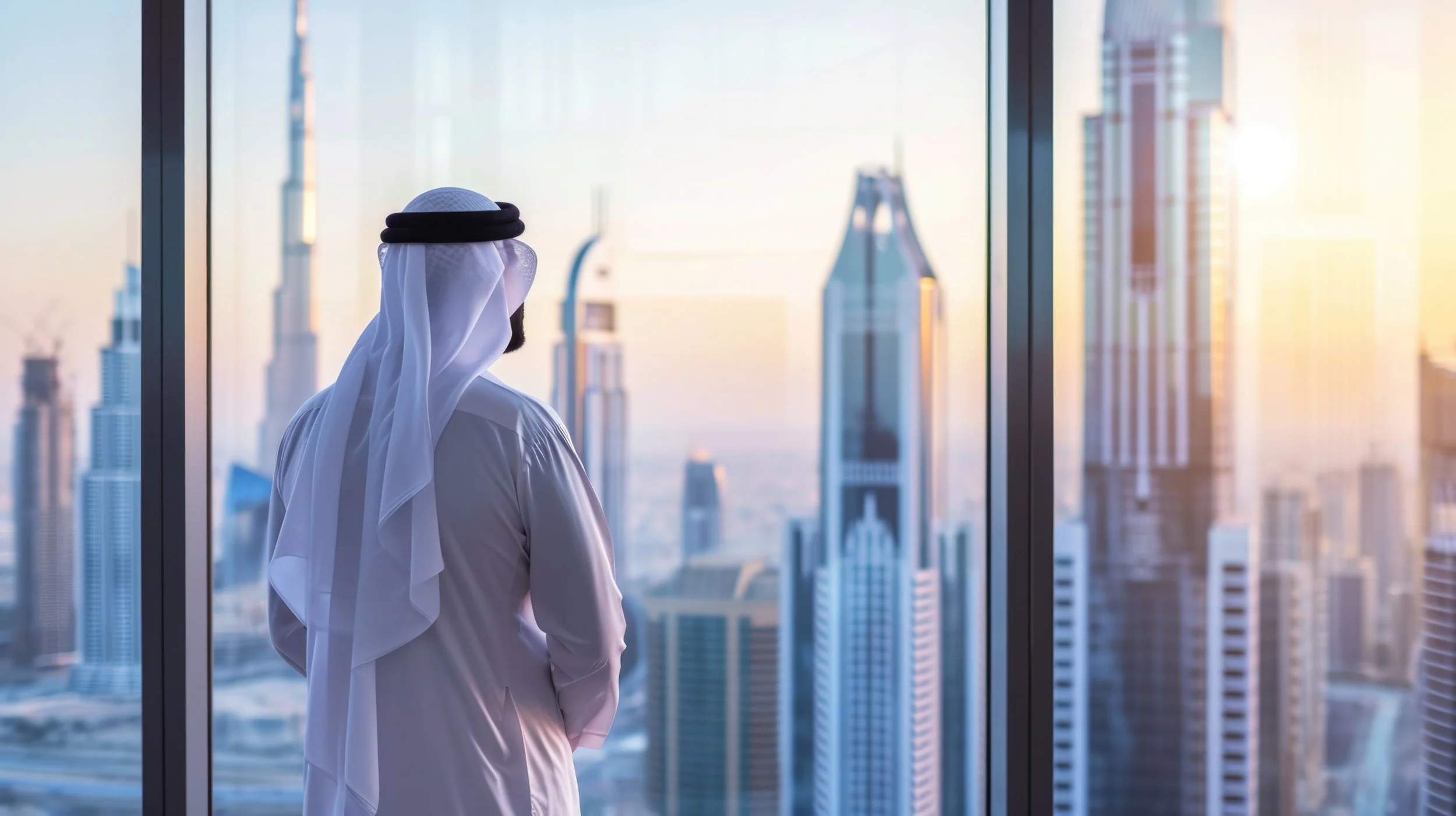 A man in traditional Middle Eastern attire looking out of a large window at a modern city skyline with tall skyscrapers during sunset.