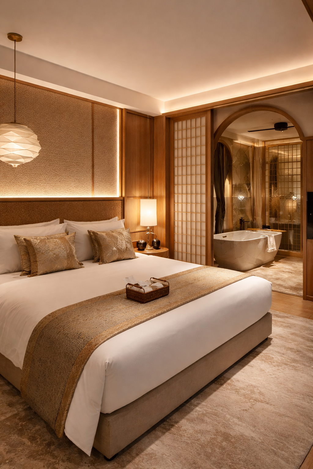 Luxurious hotel bedroom with a large bed, decorative pillows, a bedside lamp, and a basket of toiletries. In the background, a bathroom with a bathtub separated by shoji-style sliding doors and a walk-in shower.