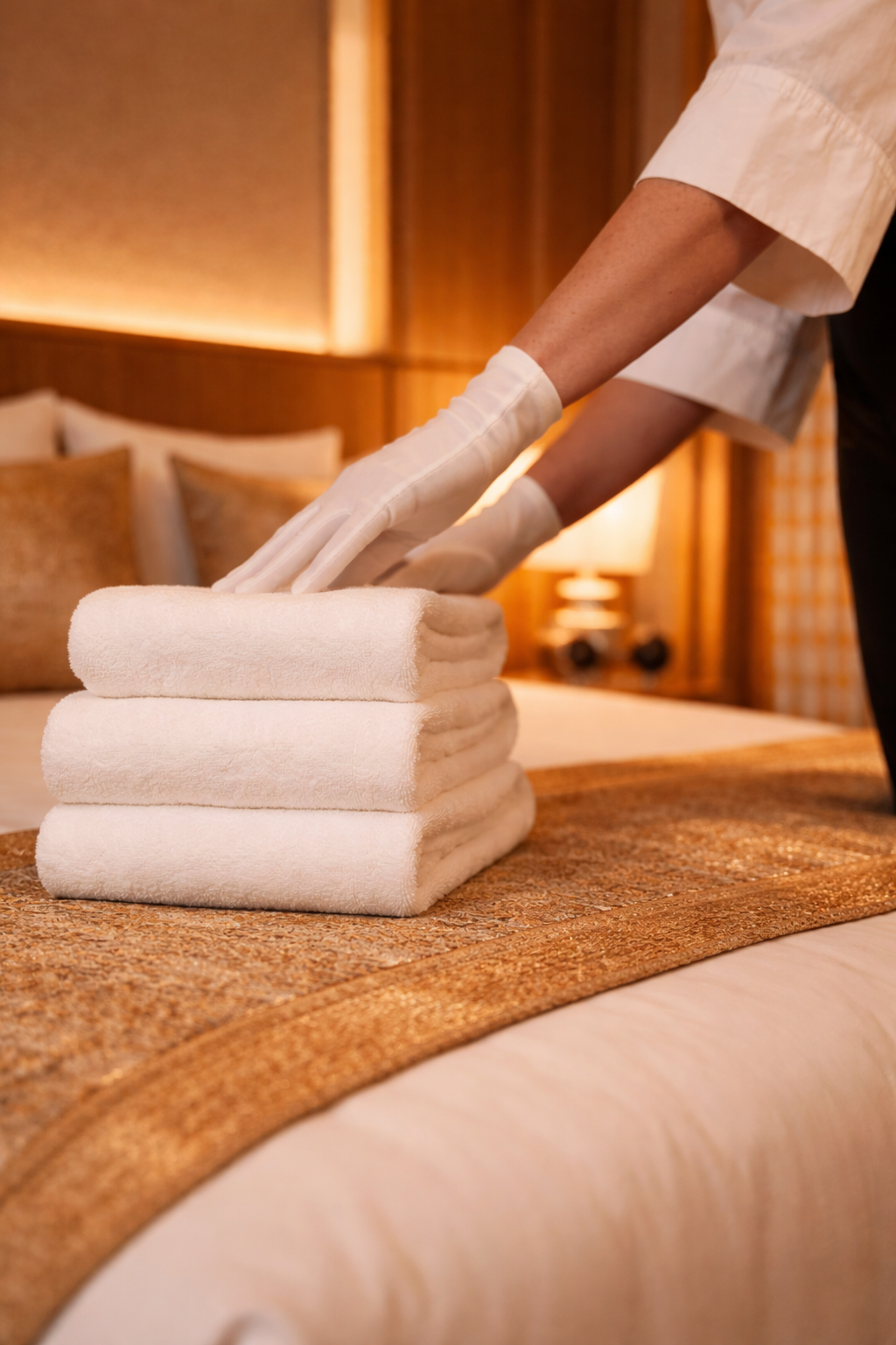 Person folding white towels on a bed in a warmly lit hotel room.