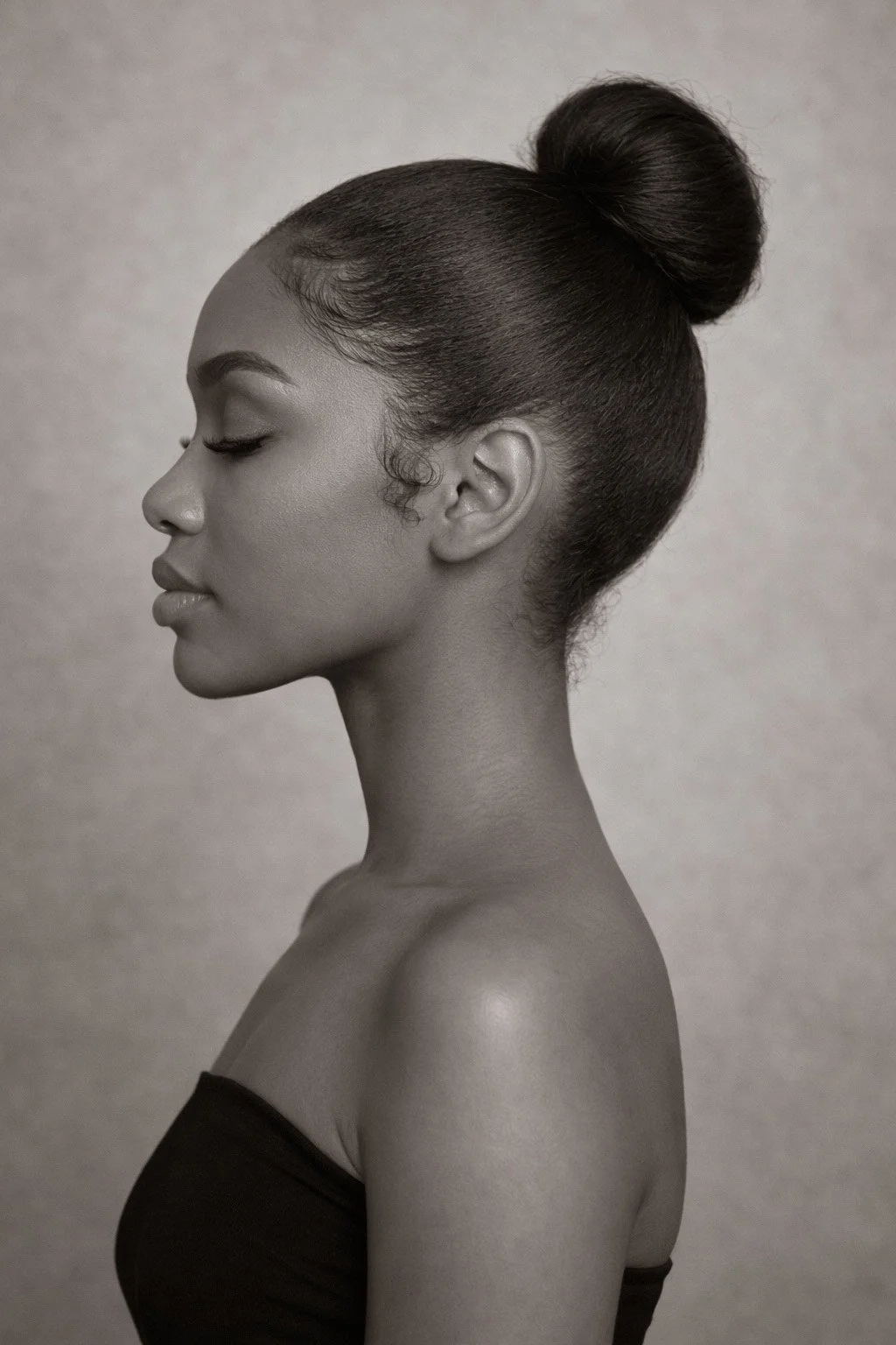 Model with smoothed hair in a bun