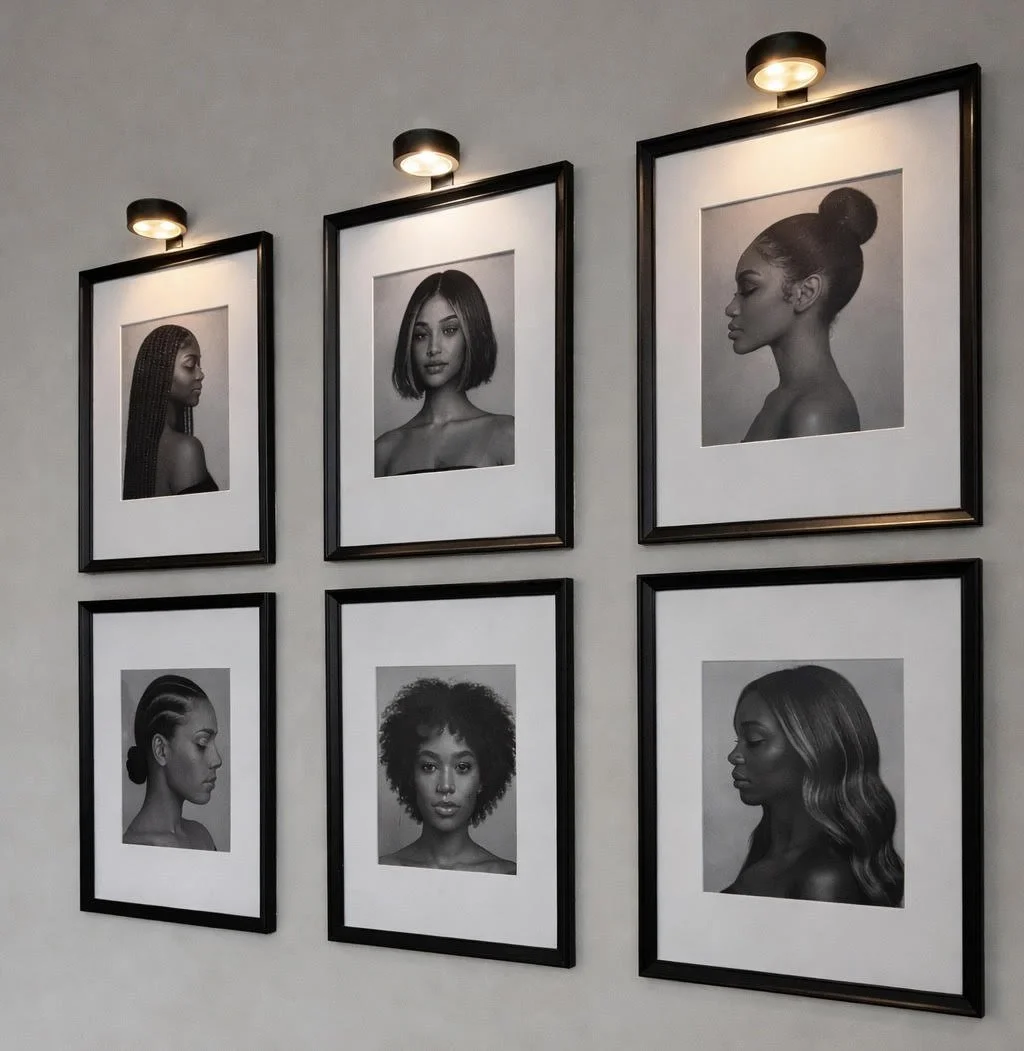 Six framed black and white portraits of diverse women, each with different hairstyles, displayed on a wall with overhead lighting.