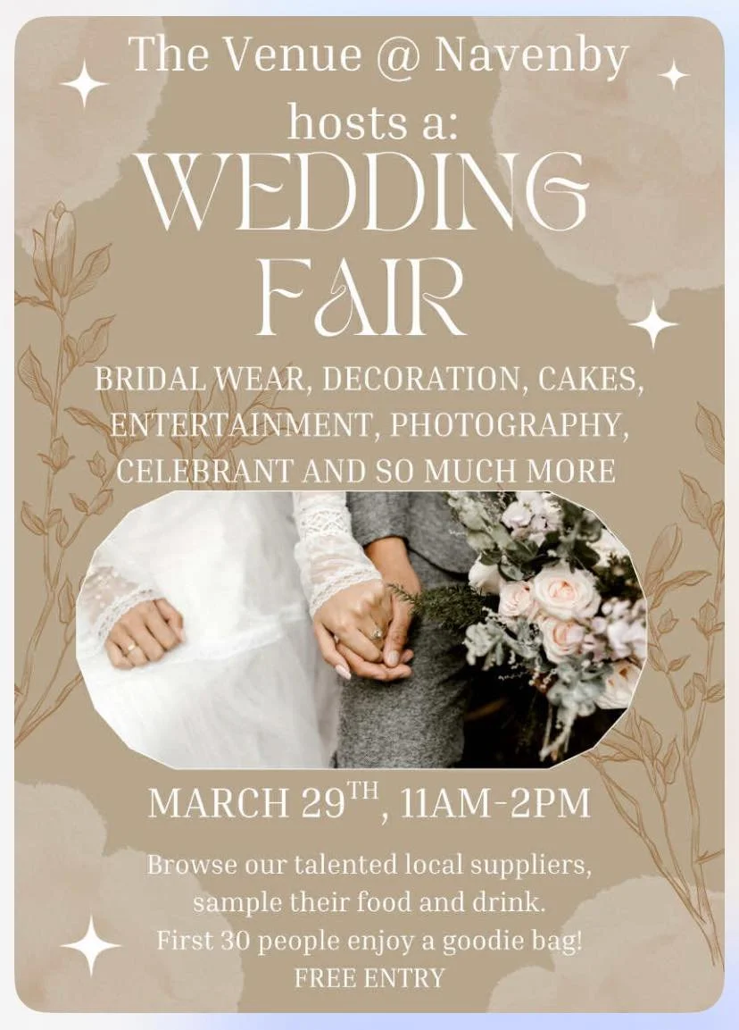 Invitation poster for a wedding fair hosted by The Venue at Navenby, scheduled for March 29th from 11 am to 2 pm. Features a photo of a bride and groom’s hands holding a bouquet, with floral background design.
