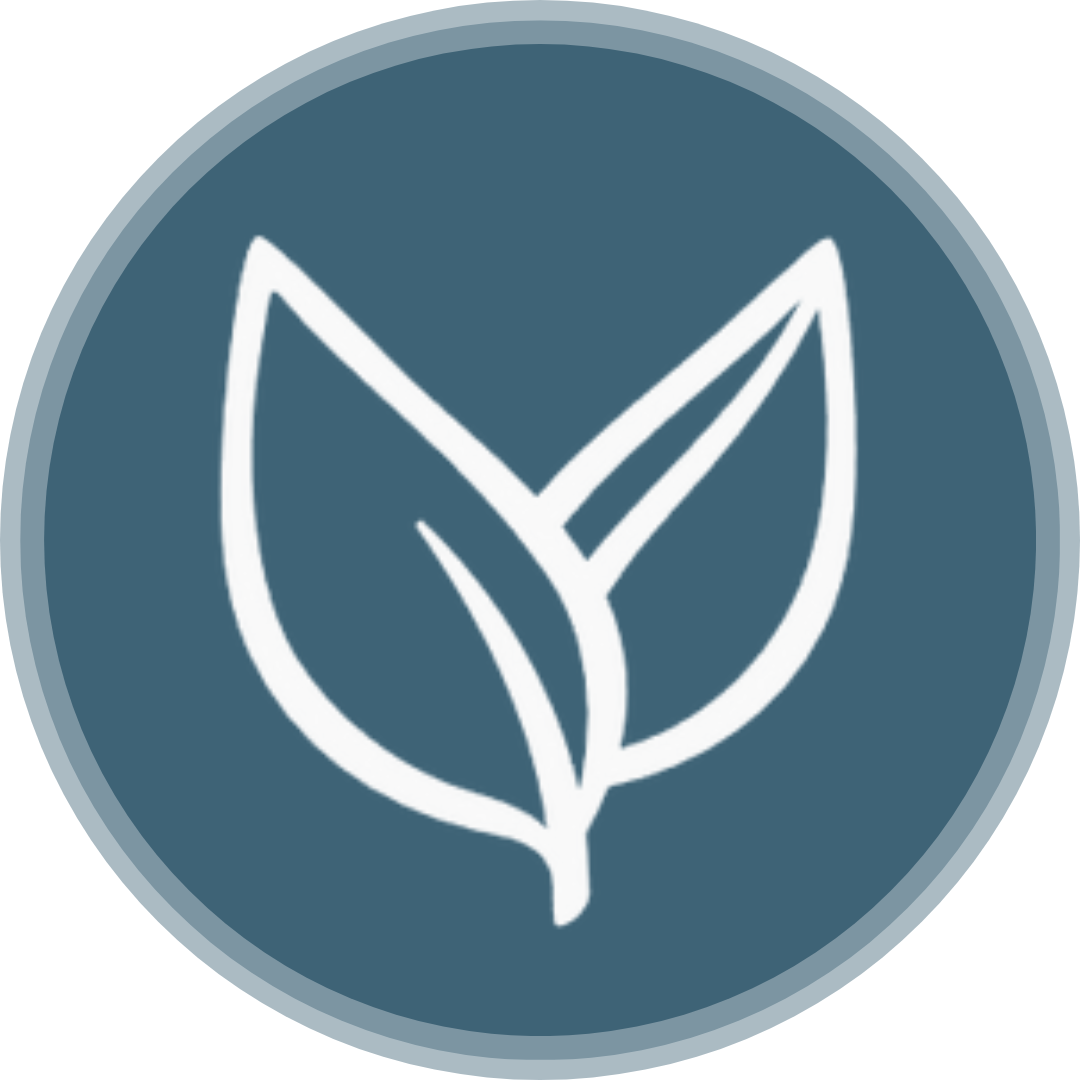 A circular logo with white outline of a leaf on a dark teal background.
