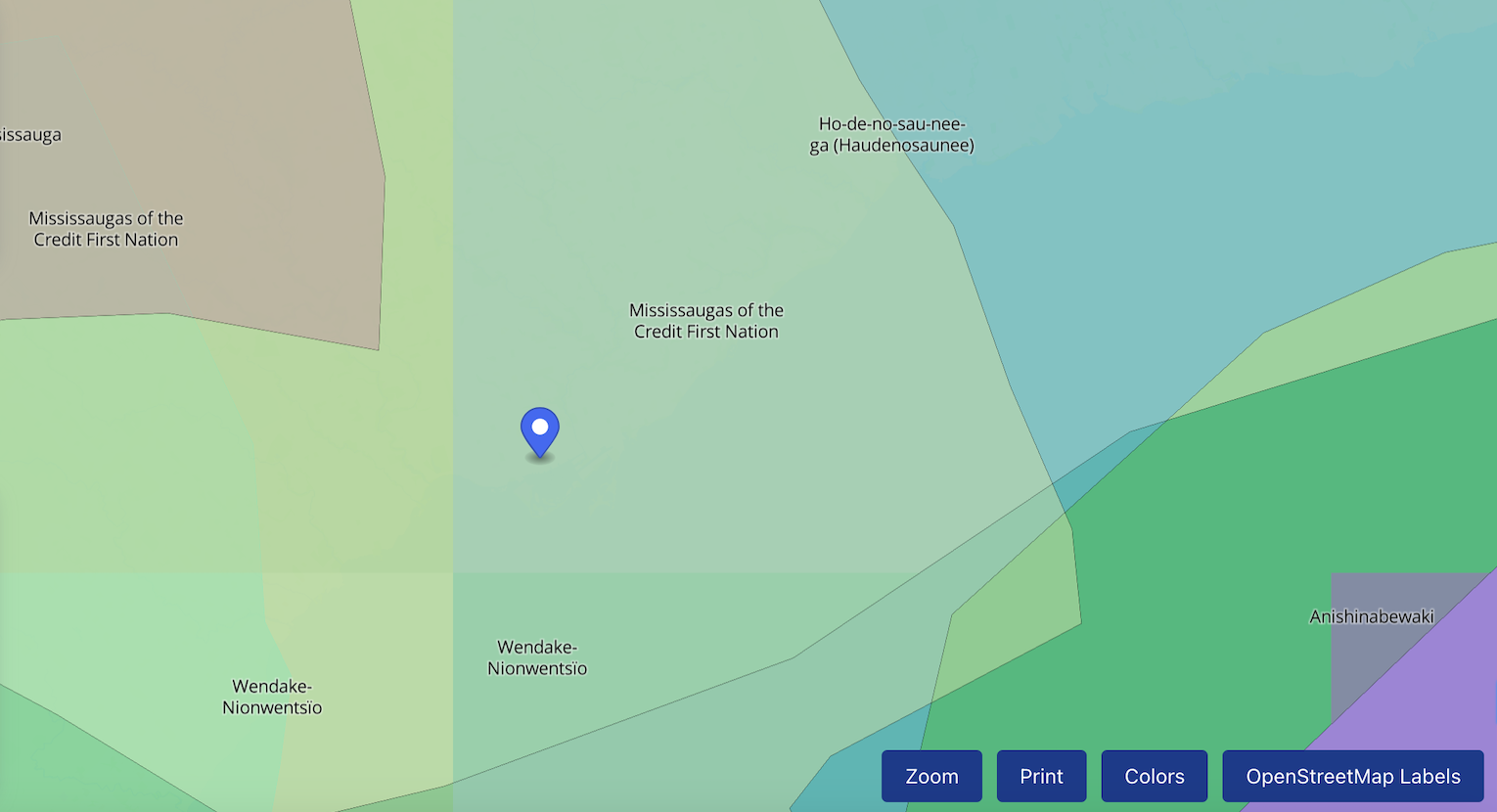 A digital map showing regions within the Mississaugas of the Credit First Nation where Blooming Rose Reiki is located and surrounding areas, with labels including Ho-de-no-sau-nee-ga and Anishinabewaki, and a blue location marker.