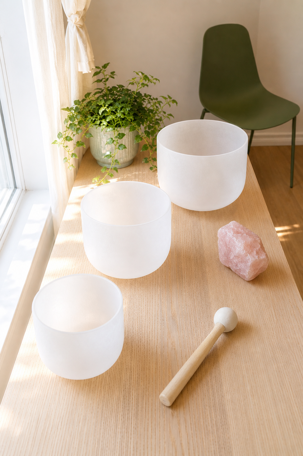 Three white singing bowls on a wooden table near a window, with a pink salt lamp, a wooden mallet, and a potted green plant in the background.