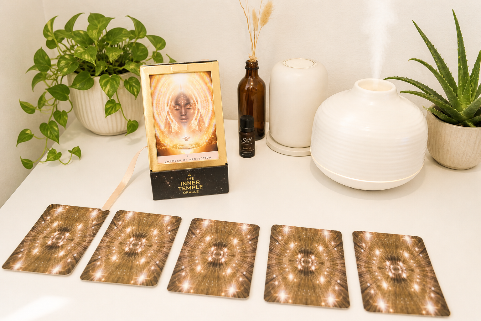 An altar with tarot cards, plants, and spiritual items such as a crystal diffuser and an oracle deck on a white table.