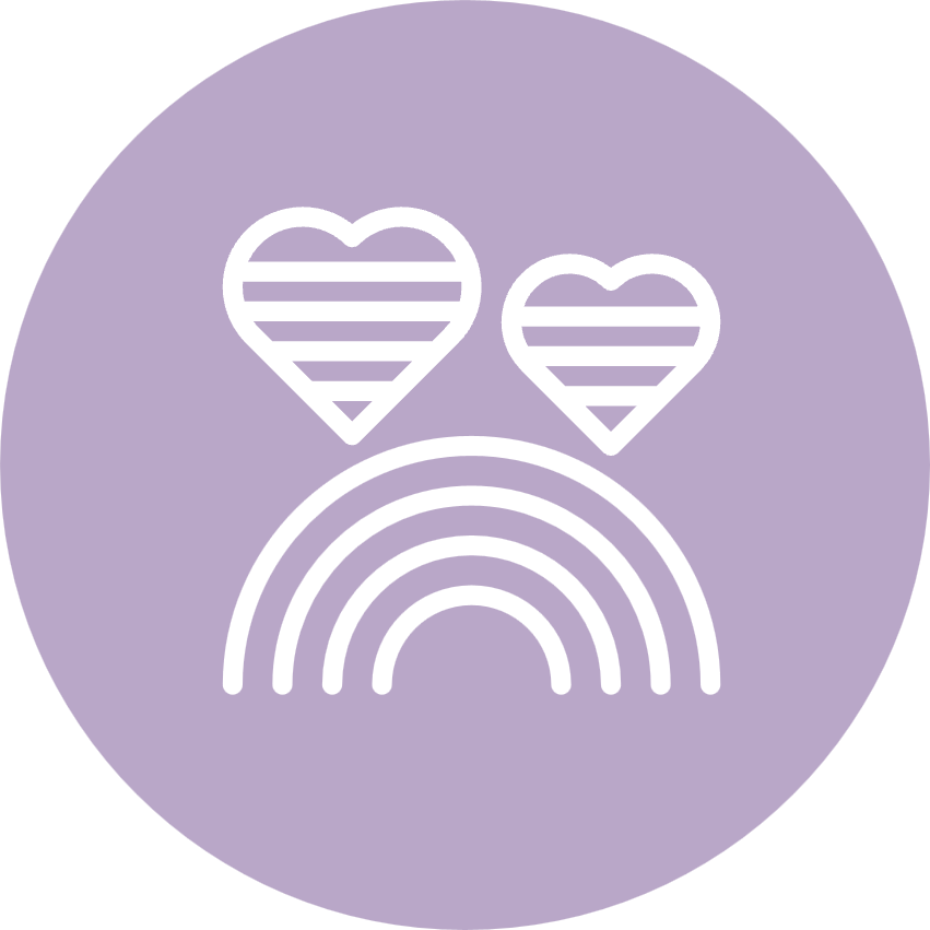 Icon of a rainbow with two hearts above it, all in white on a purple circular background.