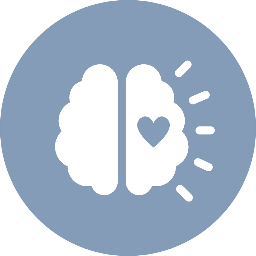 Icon of a brain with a heart inside and lines radiating outward on a blue circular background.