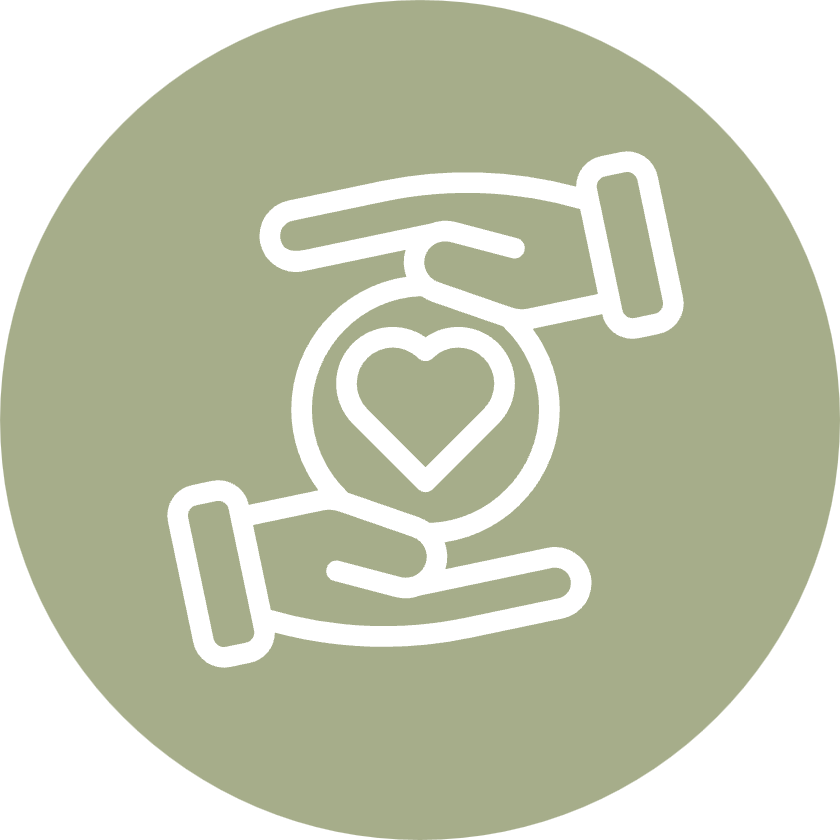 Line drawing of two hands holding a heart with a ring in the middle, symbolizing care or charity.