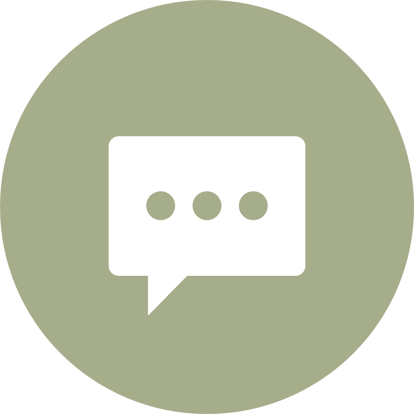 A speech bubble icon with three dots inside, set against a green circular background.