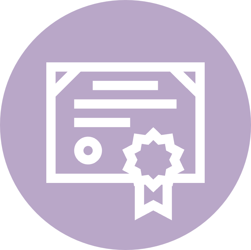 Icon of a certificate or diploma with a ribbon and seal, representing certification or achievement.