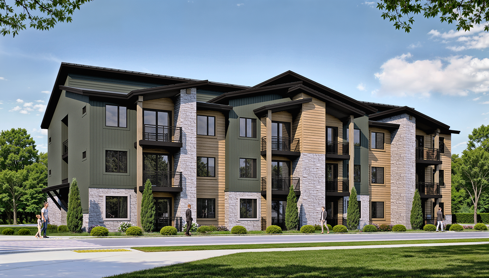 A multi-story residential building with a mix of green and beige siding, stone accents, and small balconies. The building is surrounded by green trees and shrubs, with people walking on the sidewalk in front.