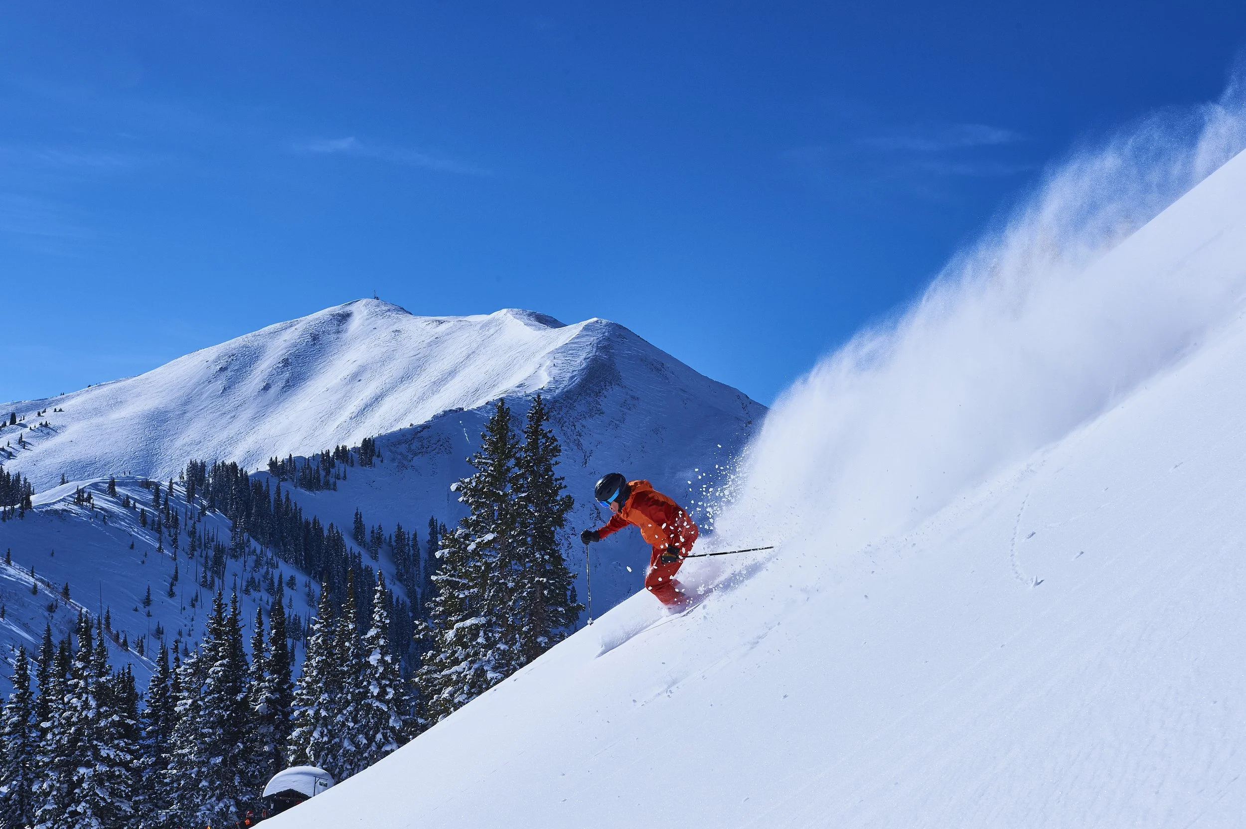 A skier in red gear skiing down a snowy mountain slope on a clear day, with snow-covered trees and mountain peaks in the background.
