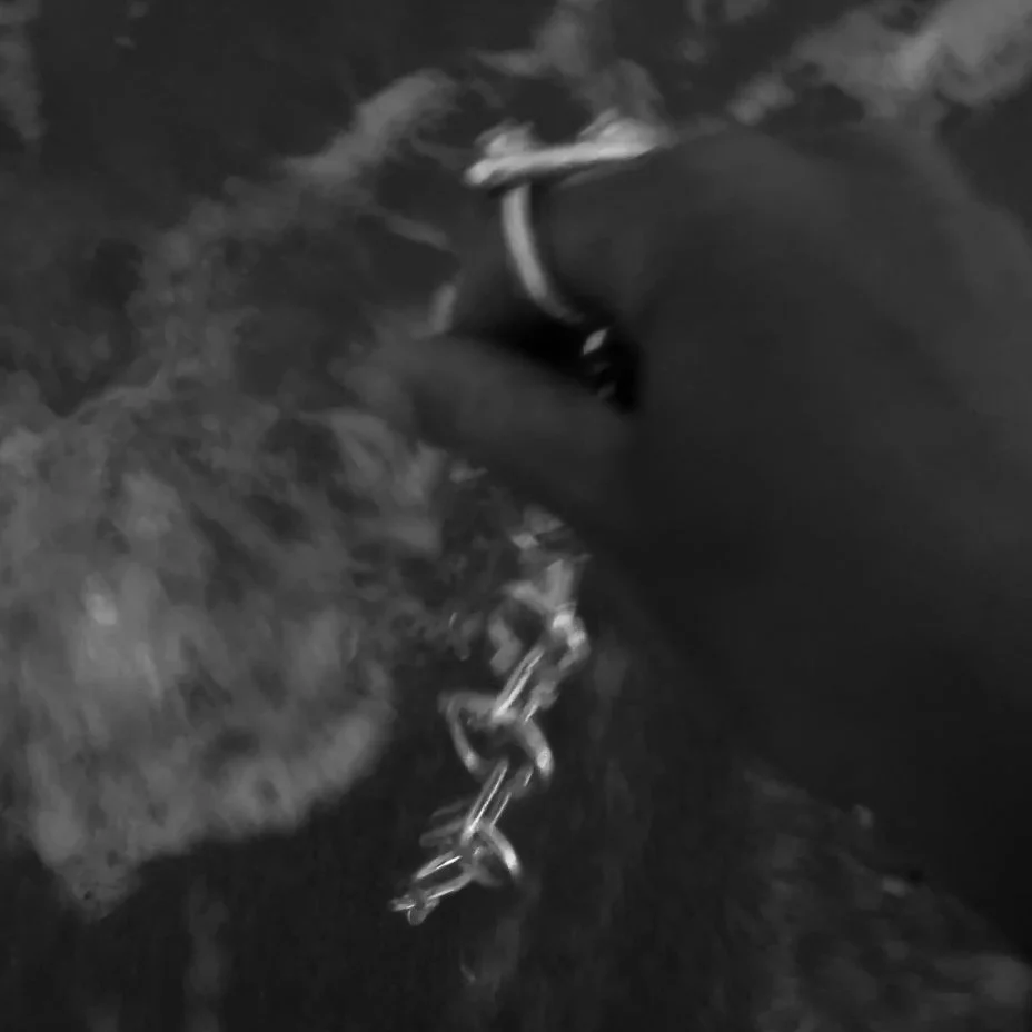 A person wearing a black glove holding a chain, with water in the background.