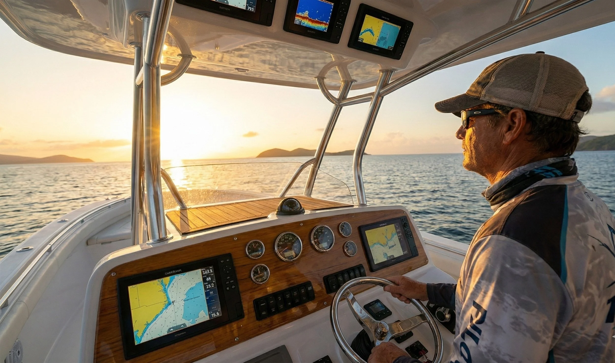 Captain at the helm of a charter boat on the Great Lakes, scanning the horizon for fishing conditions.