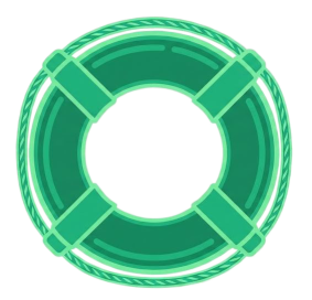 A green life buoy with four straps evenly spaced around it.