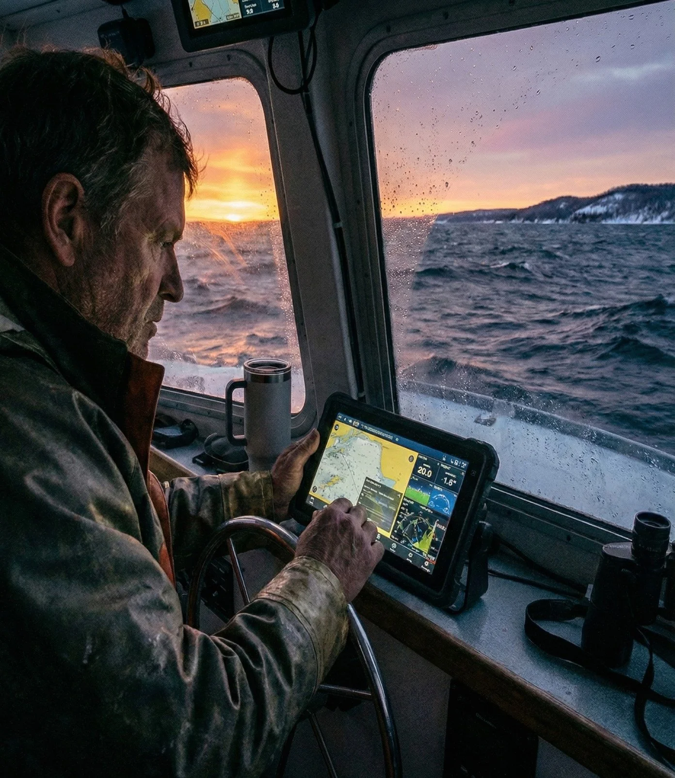 Charter captain intensely focused on touchscreen navigation electronics inside a rainy cabin, representing the technical demands that distract from business strategy.