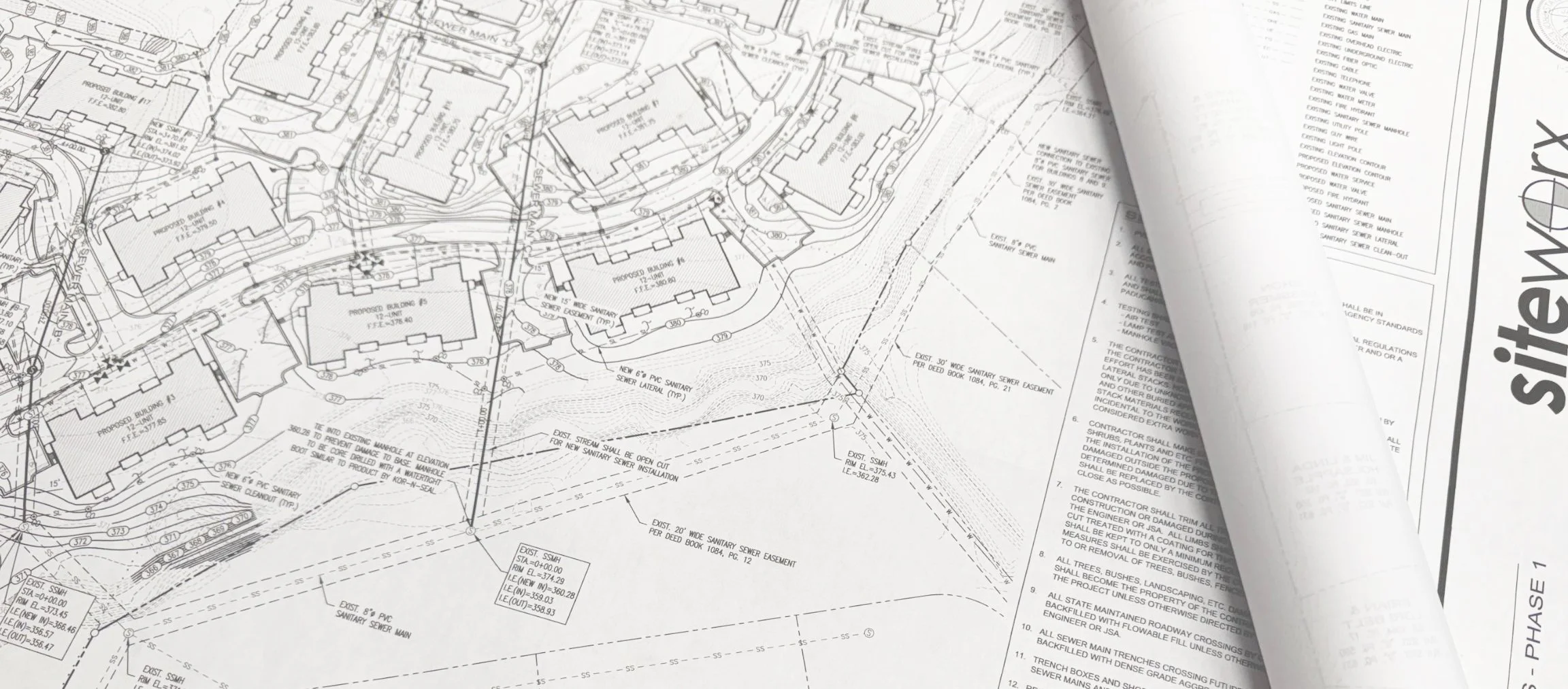 set of engineering plans for construction project at Siteworx Survey and Design in Paducah, Kentucky